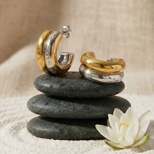 18K Gold Plated Two Tone Chunky Hoops Mixed Metal Stainless Steel Modern Earring